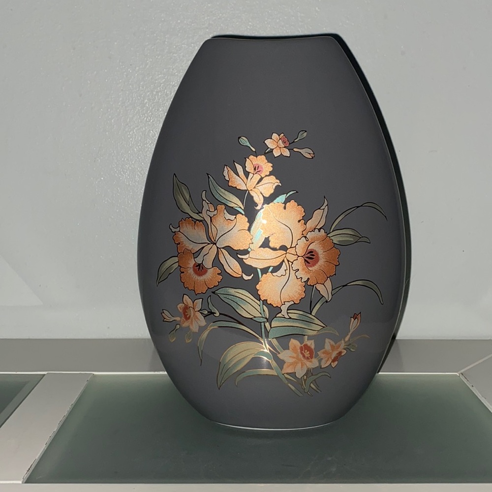Vintage Japanese Metallic Floral Orchid Gray Ceramic Vase with Gold Trim 9”